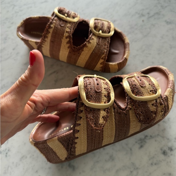 Loeffler Randall Brown and Tan Striped Buckle Slide Sandals - Picture 2 of 4